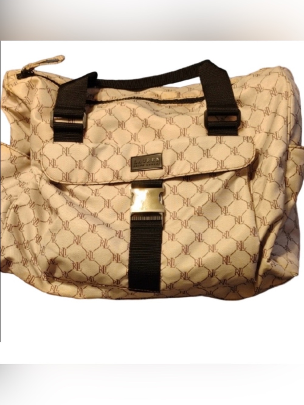 Lauren Ralph Lauren Beige Monogram Travel Bag with Black Trim